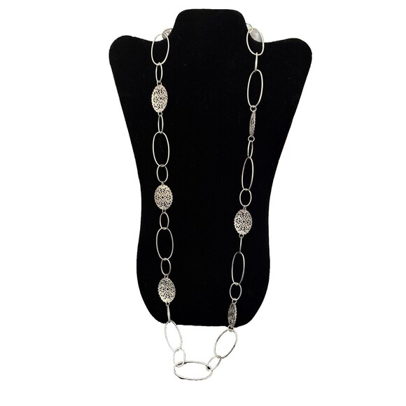 Vintage-Contemporary Open Filigree Silver tone Chain Link Necklace 35" - Picture 1 of 8